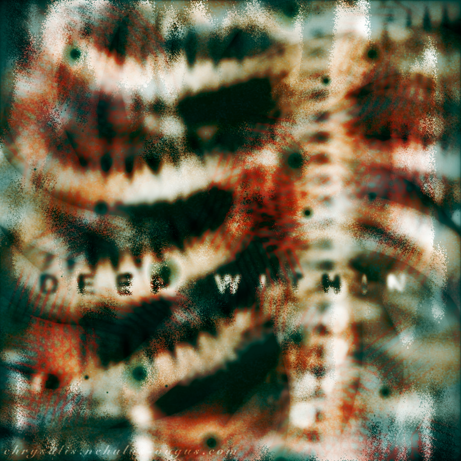 A digital abstract artwork in rotting colors, white, blue, green, copper, and red. It depicts a bruised ribcage with holes or bits of mold. The text near the center reads 'DEEP WITHIN'.